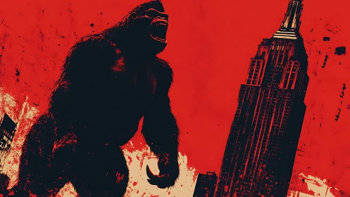 Giant roaring gorilla confronts skyscraper on red skyline.