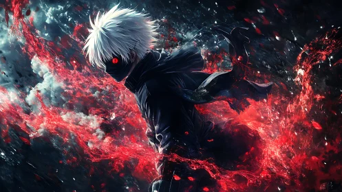 Crimson vortex curls around the masked white haired warrior