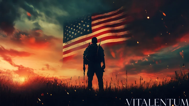 Digital painting of lone soldier silhouette under US flag at dusk.