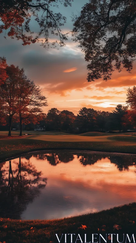 Photorealistic autumn golf course pond at sunset reflection.