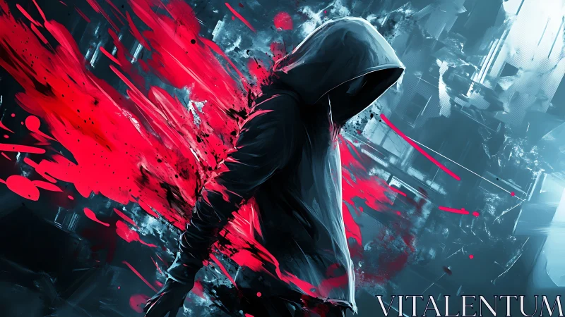 Hooded figure strides through red energy burst in alley