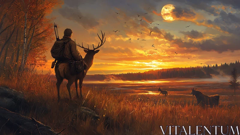 Hunter and stag overlooking ember-lit marshland dusk.