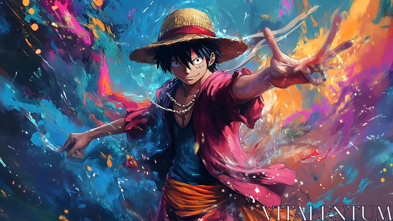 Straw hat anime character amid vivid abstract color field.