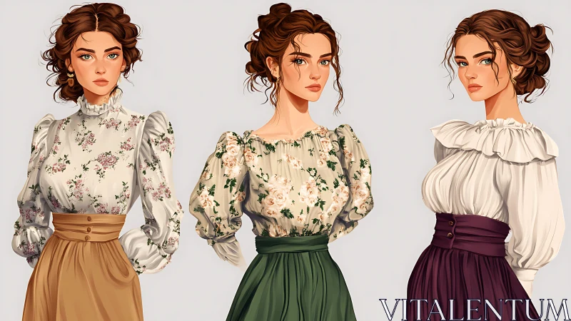 Victorian-inspired portraits in softly rendered floral blouses.