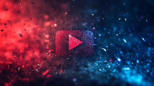 Glittering red play icon suspended in bokeh particle field