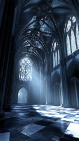 Moonlit cathedral of silver echoes and wandering light beams.