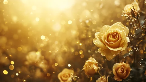 Golden Roses with Dew Drops in Warm Light.