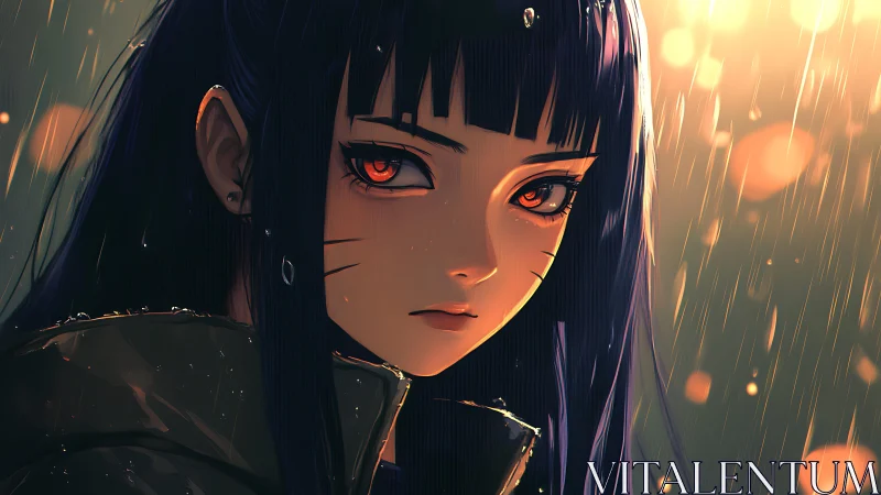 Rainlit anime heroine with quiet strength and glowing eyes.