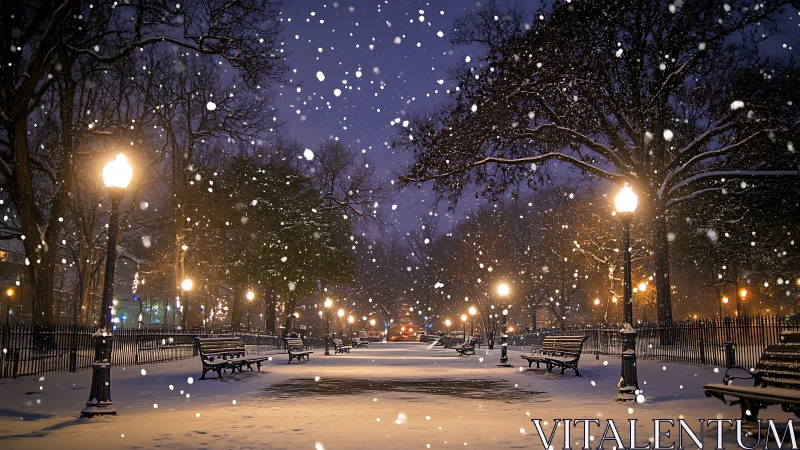 Snowfall covers illuminated park walkway during night