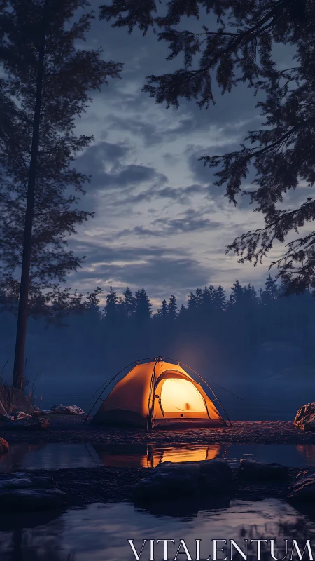Glowing riverside tent under twilight forest sky.