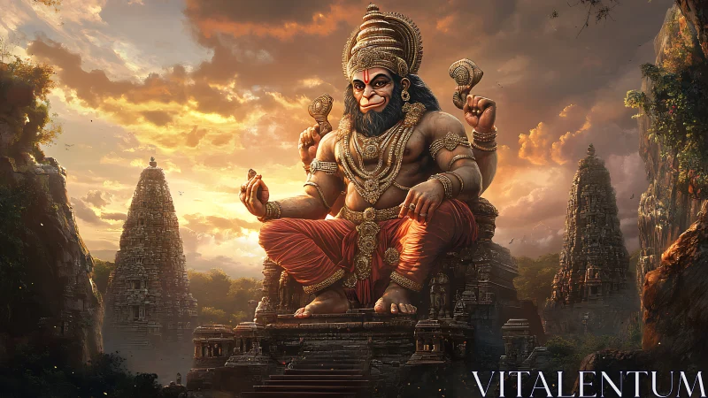 Digital painting of monumental Hanuman statue in temple valley.