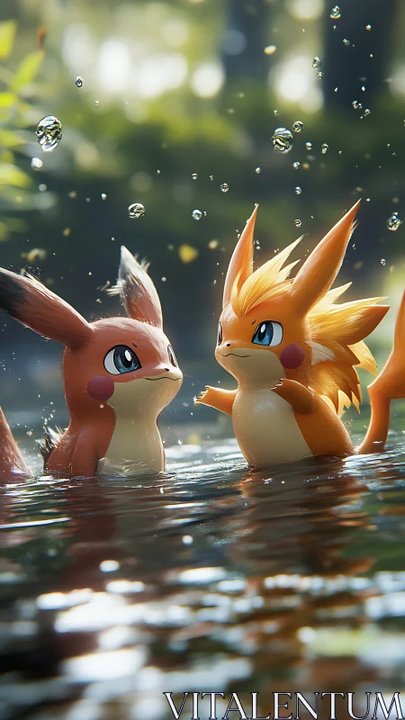 Two stylized creatures stand in shallow water with droplets suspended