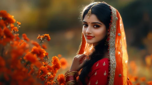 Saffron veiled portrait in shallow depth-of-field bloom field.