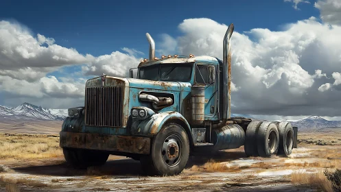 Rust-scarred blue semi dreaming under rolling desert clouds.
