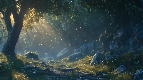 Enchanted forest path with volumetric sunrise light beams.