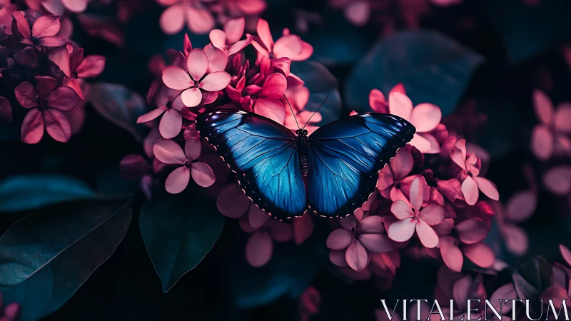 Blue morpho butterfly rests over deep magenta blossoms.