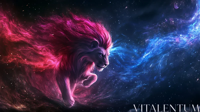 Cosmic lion charging through nebulae in vivid motion.