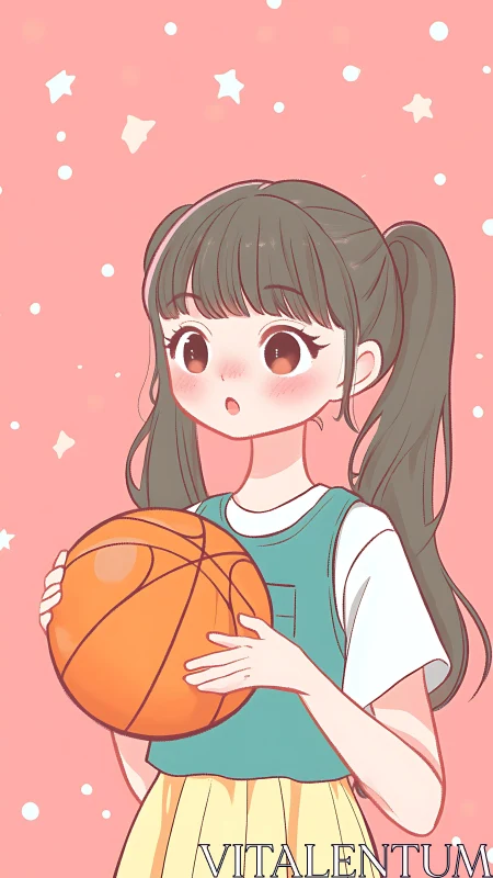 Anime girl with basketball rendered in soft pastel tones
