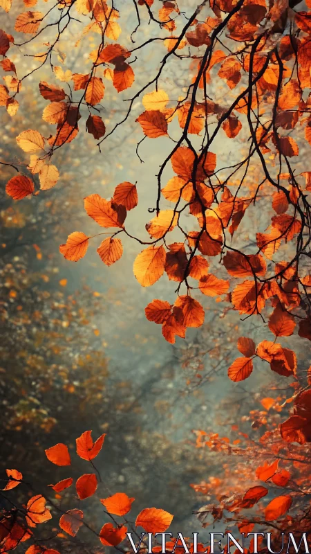 Radiant autumn canopy over misty woodland depth.