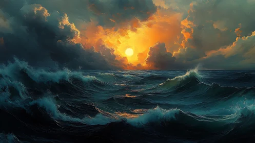 Sunset over turbulent open sea with dense storm clouds.