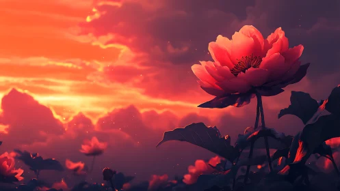 Sunlit macro lotus under volumetric clouds and diffuse sunset glow