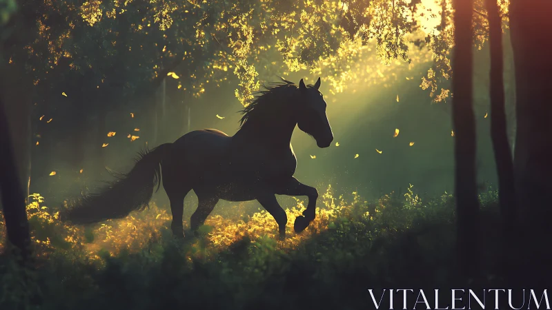 Sunlit forest stallion racing through molten morning gold.
