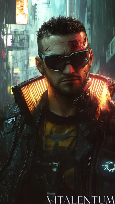 Augmented mercenary in neon rain with high-spec cybernetic visor