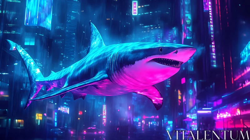 Neon shark glides through cyberpunk cityscape in rain