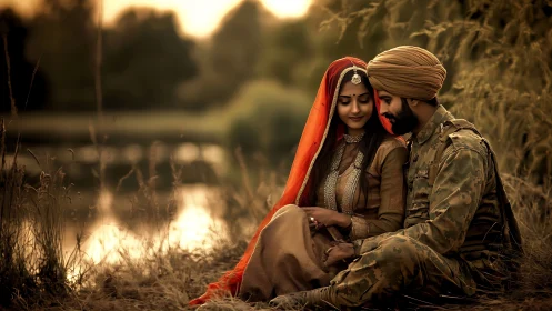 Couple in Traditional South Asian Attire by Water