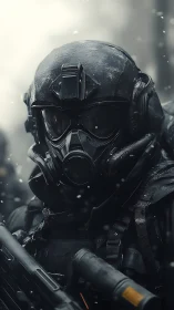 Stoic winter soldier in futuristic tactical armor stands ready.