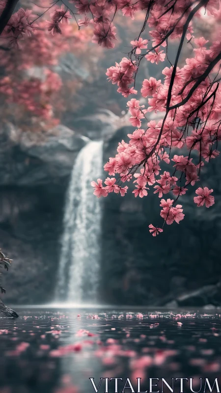 Delicate cherry blossoms frame a soft-focus mountain waterfall