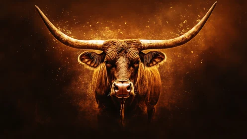 Ember-haloed longhorn guardian blazing through shadowed dusk.