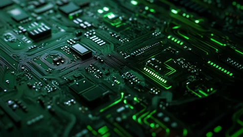 Glowing green circuit board alive with quiet digital energy.