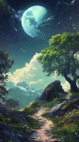 Mountain path extends beneath oversized moonlit sky