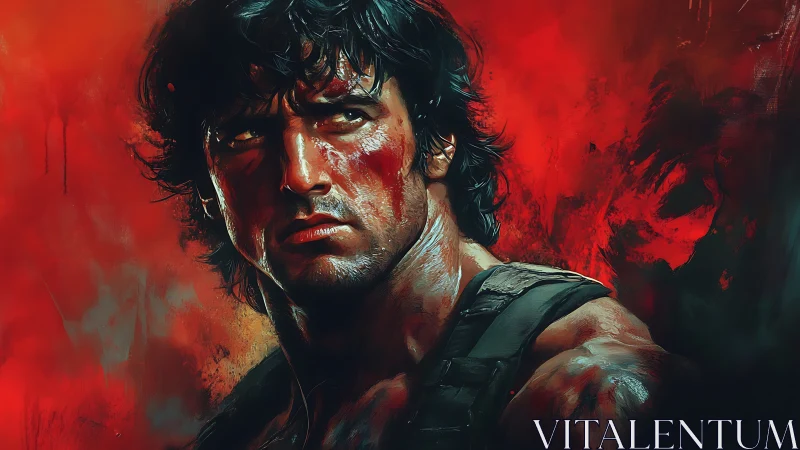 Battle-hardened warrior portrait in blazing crimson light.