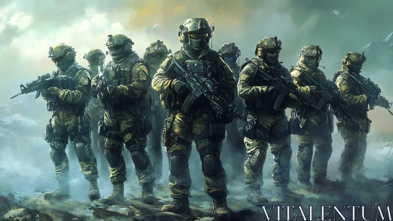 Modern infantry squad in tactical formation, misty tundra