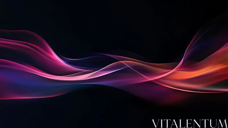 Neon light waves glide across deep black digital void.