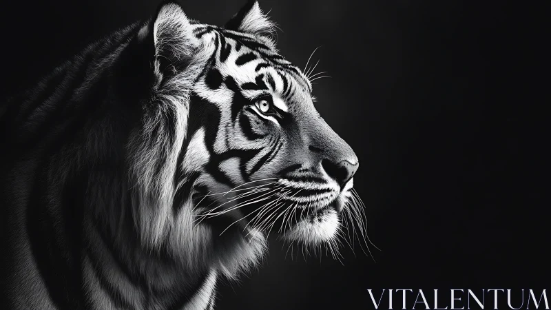 Monochrome tiger profile in dramatic low key portrait lighting.