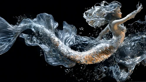 Ethereal Mermaid in Flowing Silver Water, Hyperrealistic Fantasy Art.