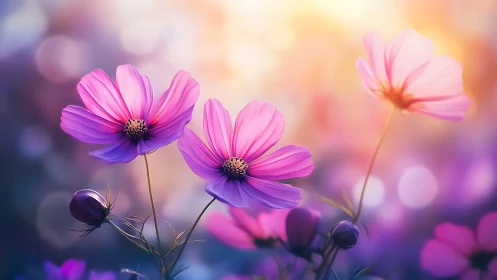 Cosmos Flowers in Bloom Shine Through Dreamy Summer Light.