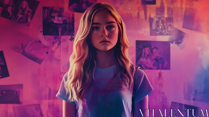 Teen girl stands in neon-lit memory wall portrait scene.