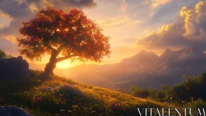 Tree on sunlit hillside framed against distant mountain range