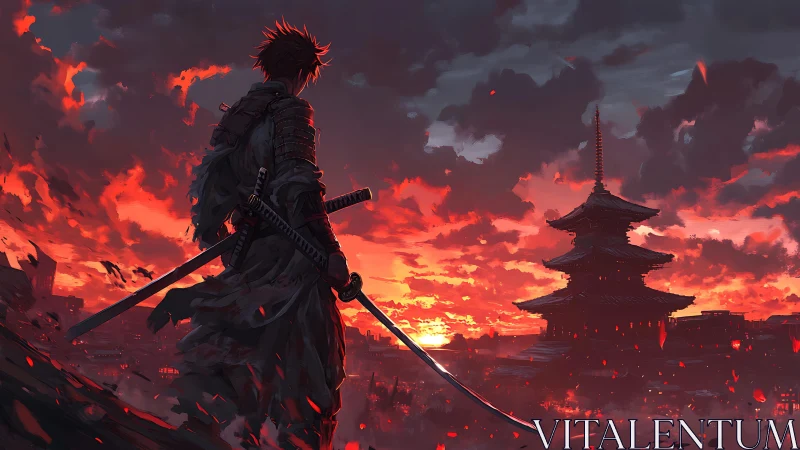 Samurai silhouette observes pagoda against dense red sunset sky