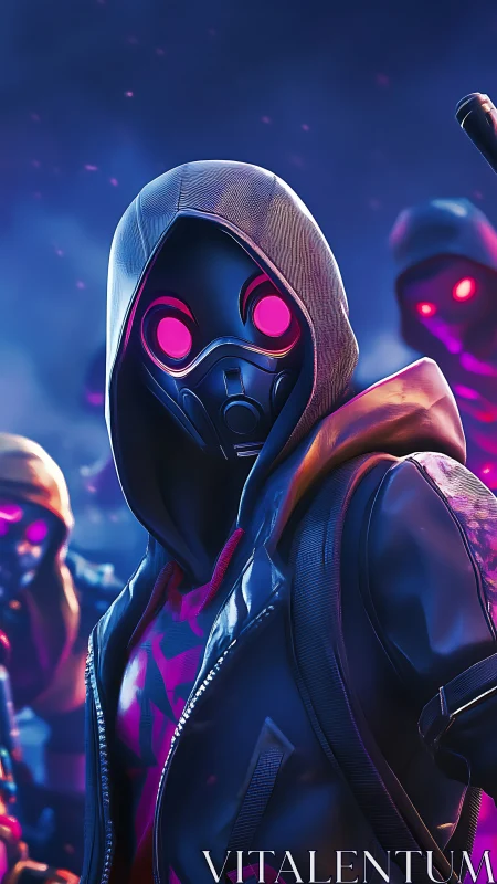 Hooded masked figure with neon visor in digital night scene.