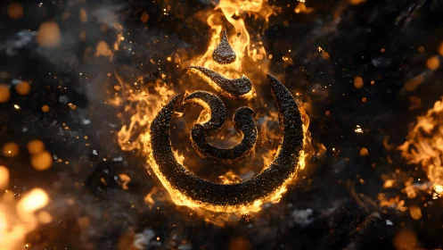 Fiery Om Symbol in Glowing Flames, Spiritual Digital Art.