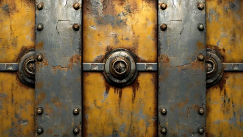 Rusted yellow metal panels with bolted steel reinforcements.