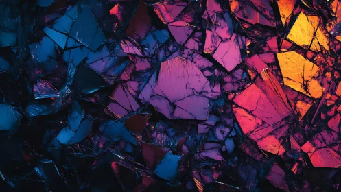 Abstract fractured glass pattern in vivid neon colors and dark tones.