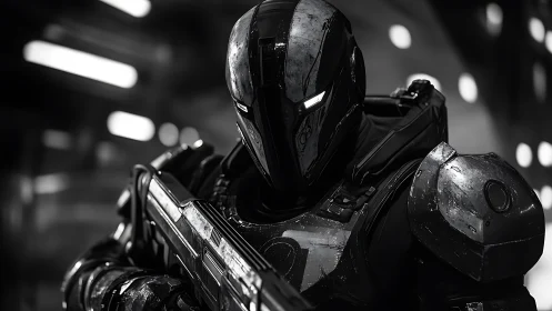 Monochrome tactical exosuit soldier in cinematic close-up frame.