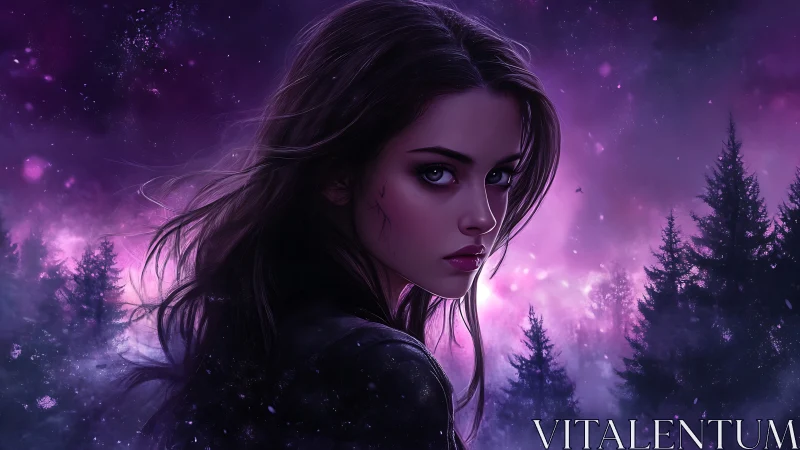 Young woman in violet night forest with nebula sky.