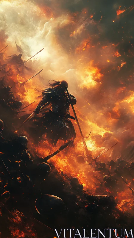 Armored warlord advancing through apocalyptic firestorm.
